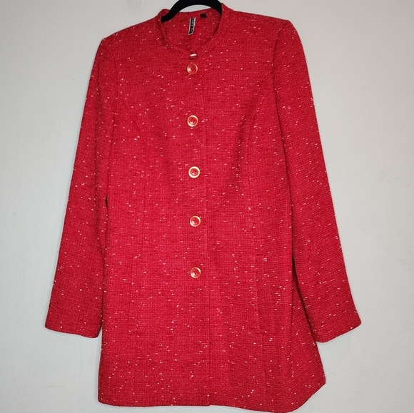 Mary Kay Red Tweed Button Jacket Long Blazer Mock Neck Size Medium Tall - Picture 8 of 16